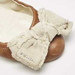 Prada Sport Brown/White Leather And Canvas Scrunch Bow Ballet Flats Size 37.5