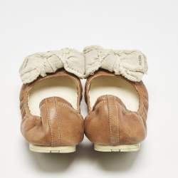 Prada Sport Brown/White Leather And Canvas Scrunch Bow Ballet Flats Size 37.5