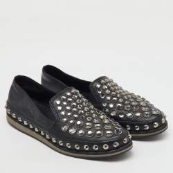 Prada Sport Black Leather Crystal Studded Slip On Loafers Size 37.5