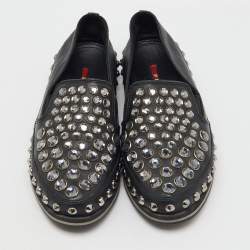 Prada Sport Black Leather Crystal Studded Slip On Loafers Size 37.5