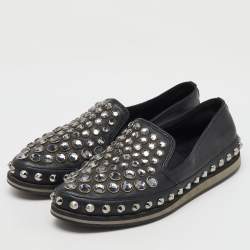 Prada Sport Black Leather Crystal Studded Slip On Loafers Size 37.5