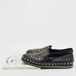 Prada Sport Black Leather Crystal Studded Slip On Loafers Size 37.5