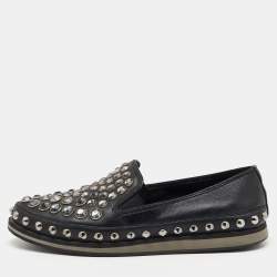 Prada Sport Black Leather Crystal Studded Slip On Loafers Size 37.5