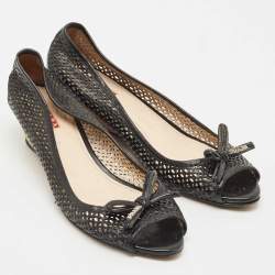 Pre Owned Prada Sport Black Patent Leather Peep Toe Cork Wedge Pumps Size 41