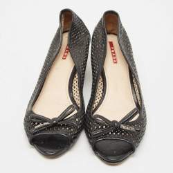 Pre Owned Prada Sport Black Patent Leather Peep Toe Cork Wedge Pumps Size 41