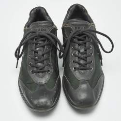 Pre Owned Prada Sport Green Leather and Nylon Lace Up Sneakers Size 38.5