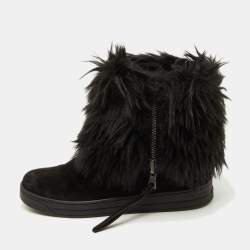 Pre Owned Prada Sport Black Suede and Faux Fur Trim Ankle Length Boots Size 38