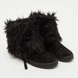 Pre Owned Prada Sport Black Suede and Faux Fur Trim Ankle Length Boots Size 38