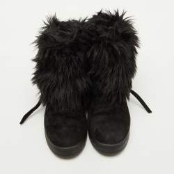 Pre Owned Prada Sport Black Suede and Faux Fur Trim Ankle Length Boots Size 38