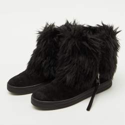 Pre Owned Prada Sport Black Suede and Faux Fur Trim Ankle Length Boots Size 38