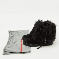 Pre Owned Prada Sport Black Suede and Faux Fur Trim Ankle Length Boots Size 38