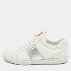 Pre Owned Prada Sport White/Silver Leather Low Top Sneakers Size 38