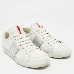 Pre Owned Prada Sport White/Silver Leather Low Top Sneakers Size 38