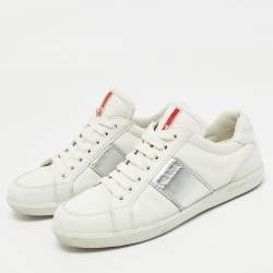Pre Owned Prada Sport White/Silver Leather Low Top Sneakers Size 38