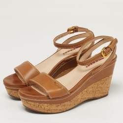 Pre Owned Prada Sport Size 38.5 Tan Leather Wedge Sandals