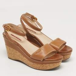 Pre Owned Prada Sport Size 38.5 Tan Leather Wedge Sandals