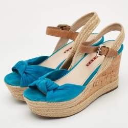 مملوكة مسبقًا Prada Sport Size 37 Blue/Brown Suede and Leather Cork Espadrille Platform Wedge Sandals