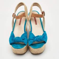 مملوكة مسبقًا Prada Sport Size 37 Blue/Brown Suede and Leather Cork Espadrille Platform Wedge Sandals