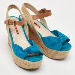 مملوكة مسبقًا Prada Sport Size 37 Blue/Brown Suede and Leather Cork Espadrille Platform Wedge Sandals