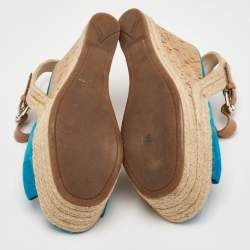 مملوكة مسبقًا Prada Sport Size 37 Blue/Brown Suede and Leather Cork Espadrille Platform Wedge Sandals