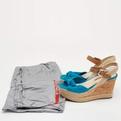 مملوكة مسبقًا Prada Sport Size 37 Blue/Brown Suede and Leather Cork Espadrille Platform Wedge Sandals