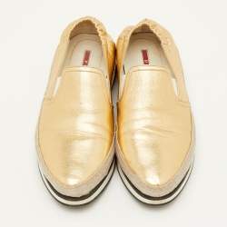 Pre Owned Prada Sport Size 36.5 Metallic Gold Leather Espadrille Slip On Sneakers
