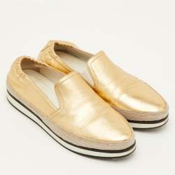 Pre Owned Prada Sport Size 36.5 Metallic Gold Leather Espadrille Slip On Sneakers