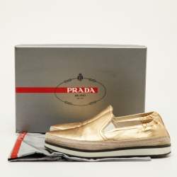 Pre Owned Prada Sport Size 36.5 Metallic Gold Leather Espadrille Slip On Sneakers