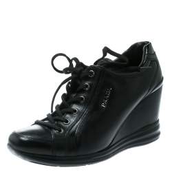 Pre Owned Prada Sport Black Leather Wedge Sneakers Size 39