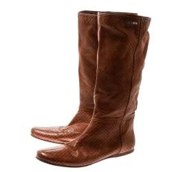 Pre Owned Prada Sport Brown Perforated Leather Mid Calf Flat Boots Size 39