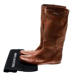 Pre Owned Prada Sport Brown Perforated Leather Mid Calf Flat Boots Size 39