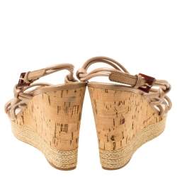 Pre Owned Prada Sport Beige Leather Strappy Cork Wedge Espadrille Platform Sandals Size 37.5