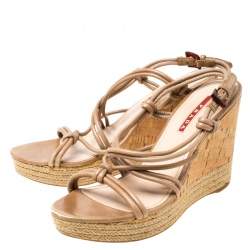 Pre Owned Prada Sport Beige Leather Strappy Cork Wedge Espadrille Platform Sandals Size 37.5