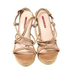 Pre Owned Prada Sport Beige Leather Strappy Cork Wedge Espadrille Platform Sandals Size 37.5