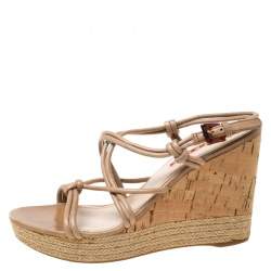 Pre Owned Prada Sport Beige Leather Strappy Cork Wedge Espadrille Platform Sandals Size 37.5