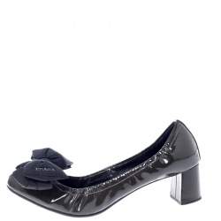 Pre Owned Prada Dark Green/Black Patent Leather Bow Block Heel Pumps Size 40