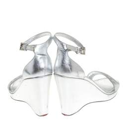 Pre Owned Prada Silver Leather And Nylon Logo Strap Wedge Ankle Strap Sandals Size 40