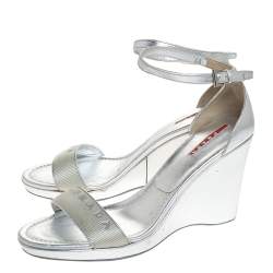 Pre Owned Prada Silver Leather And Nylon Logo Strap Wedge Ankle Strap Sandals Size 40
