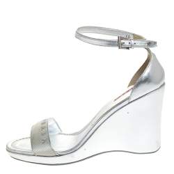 Pre Owned Prada Silver Leather And Nylon Logo Strap Wedge Ankle Strap Sandals Size 40