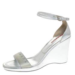 Pre Owned Prada Silver Leather And Nylon Logo Strap Wedge Ankle Strap Sandals Size 40