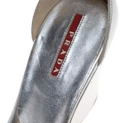 Pre Owned Prada Silver Leather And Nylon Logo Strap Wedge Ankle Strap Sandals Size 40
