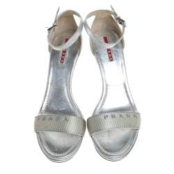 Pre Owned Prada Silver Leather And Nylon Logo Strap Wedge Ankle Strap Sandals Size 40
