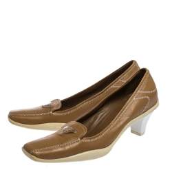 Pre Owned Prada Sport Brown Embroidered Leather Loafers Pumps Size 34.5