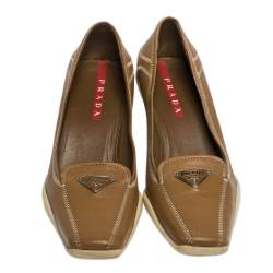 Pre Owned Prada Sport Brown Embroidered Leather Loafers Pumps Size 34.5