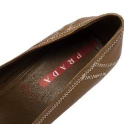 Pre Owned Prada Sport Brown Embroidered Leather Loafers Pumps Size 34.5