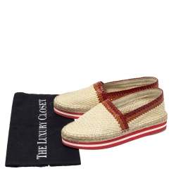 Pre Owned Prada Sport Cream/Red Woven Leather Espadrille Platform Flat Loafers Size 38.5