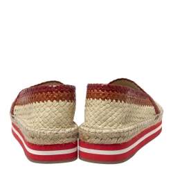 Pre Owned Prada Sport Cream/Red Woven Leather Espadrille Platform Flat Loafers Size 38.5