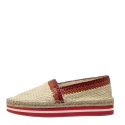 Pre Owned Prada Sport Cream/Red Woven Leather Espadrille Platform Flat Loafers Size 38.5