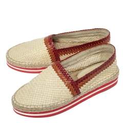 Pre Owned Prada Sport Cream/Red Woven Leather Espadrille Platform Flat Loafers Size 38.5