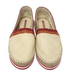 Pre Owned Prada Sport Cream/Red Woven Leather Espadrille Platform Flat Loafers Size 38.5